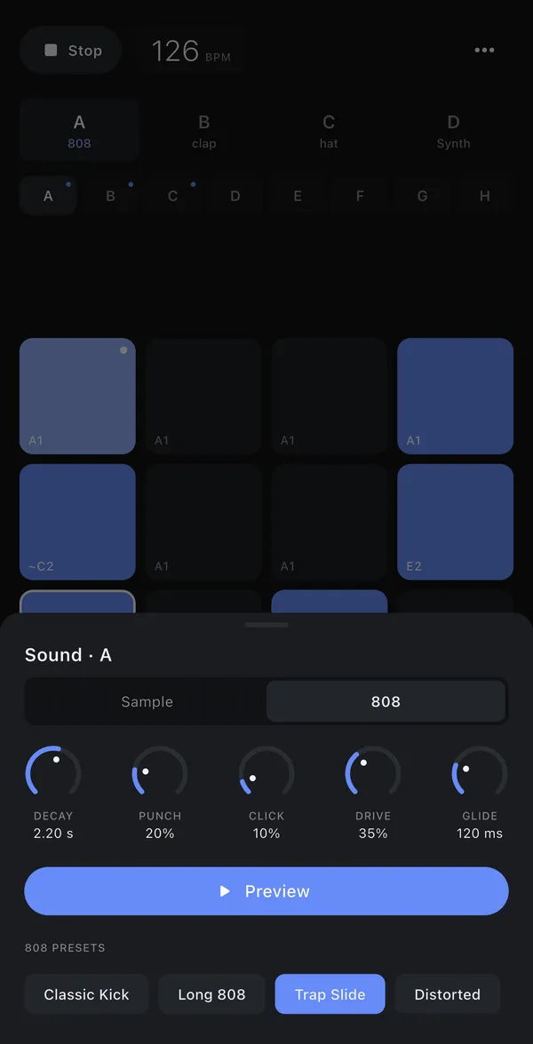 808 sound panel with decay, punch, click, drive and glide knobs and 808 presets