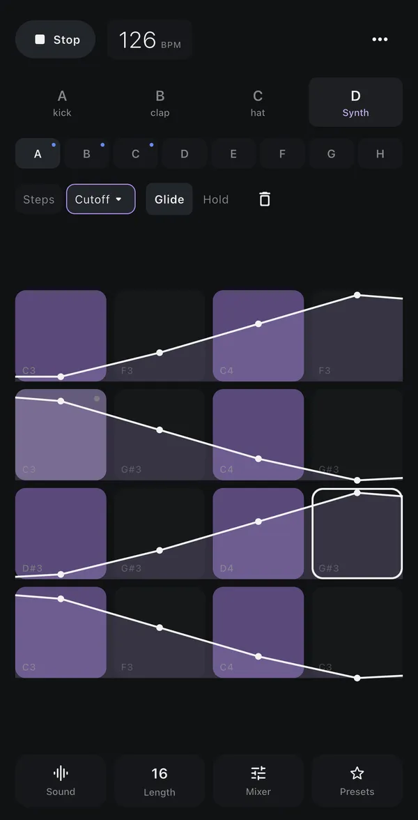 Filter cutoff automation drawn as a curve over the step pads
