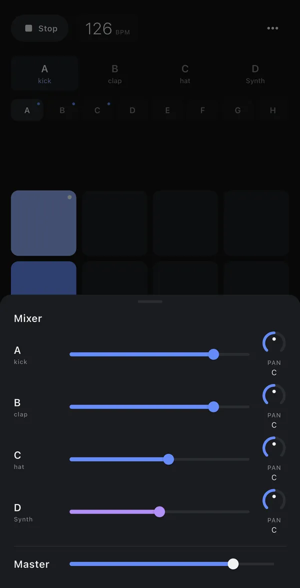 Mixer with volume and pan for four tracks