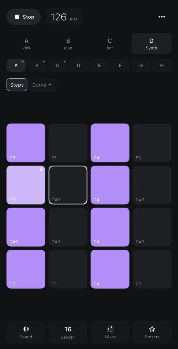 Pulse16 sequencer screen: transport with 126 BPM, tracks A to D, patterns A to H and a 4x4 grid of step pads with notes on the synth track